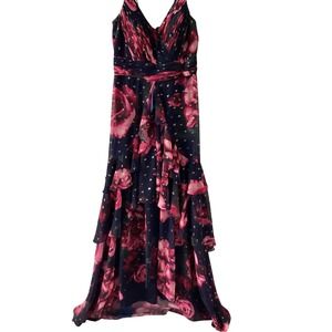 Xscape Women's Gown Dress 8‎ Navy Floral Pink Gold Metallic Tiered Ruffle Formal